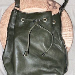 Talbots Leather Bucket Bag with Adjustable Strap and Drawstring in Pine Green